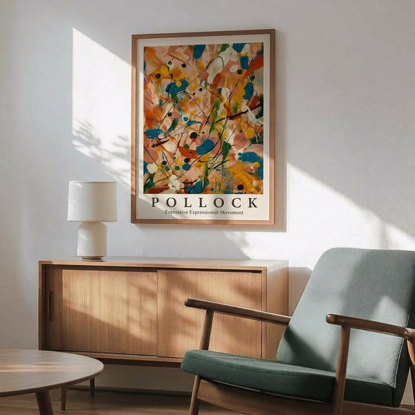 May include: Abstract expressionist art print with vibrant orange, blue, yellow and green paint splatters and black lines in wooden frame hanging above mid-century modern wooden credenza with white ceramic lamp, next to sage green upholstered armchair with wooden arms in sunlit room with white walls