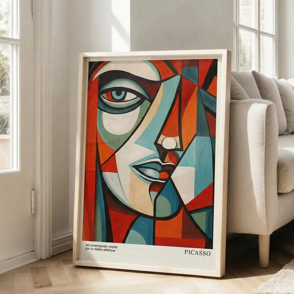 May include: Framed abstract cubist-style portrait featuring fragmented face with geometric shapes in vibrant orange, red, teal, and cream colors. The artwork shows angular facial features with prominent eye and lips, displayed in light wood frame leaning against white wall corner next to beige upholstered chair in bright, naturally-lit room with large windows.