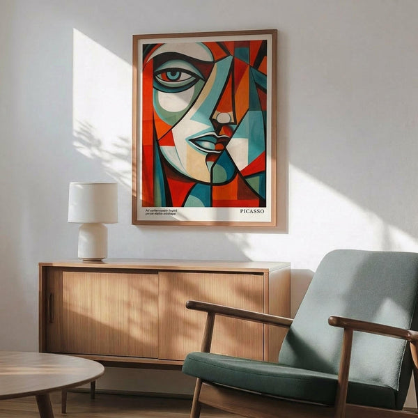 May include: Framed geometric abstract portrait print in cubist style hanging above wood credenza. Artwork features stylized face with blue eye rendered in angular orange, teal, and red segments. Mid-century modern room setting with sage green upholstered chair, white ceramic table lamp, and natural wood furniture. Sunlight casts dramatic shadows across white wall.