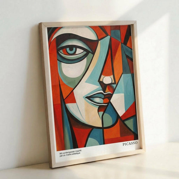 Framed art print featuring an abstract portrait in cubist style with geometric shapes and angular lines. The face is depicted with fragmented features in a color palette of red, orange, teal, green, and cream tones. One prominent eye is visible among the angular composition. The artwork is displayed in a light wooden frame and includes text at the bottom reading "PICASSO" and French descriptive text. The framed piece leans against a white wall, showing the natural wood grain frame edges.
