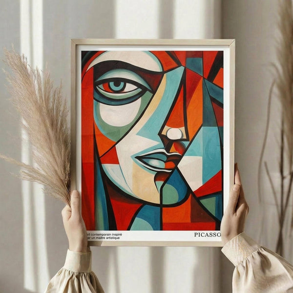 May include: Hands holding a framed abstract portrait print in cubist style, featuring geometric shapes in red, orange, blue, and green tones forming a stylized face with prominent eye and lips. Light wood frame against neutral curtained background with dried pampas grass visible on left side.