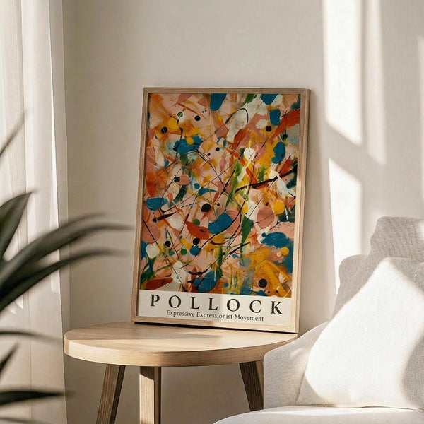 May include: Abstract expressionist poster with vibrant orange, blue, yellow and green paint splatters and black lines in wooden frame, displayed on round wooden side table next to beige upholstered chair. Sunlight streams across white wall creating soft shadows. Green plant leaves visible in corner of minimalist modern living room setting.
