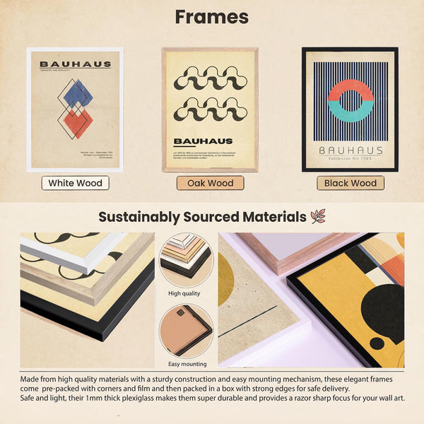 The image is a collage of three framed artworks, each with a different frame material: Bauhaus, White Wood, and Oak Wood. The collage also includes images of the frames and their materials, highlighting the sustainably sourced nature of the materials used in the frames.