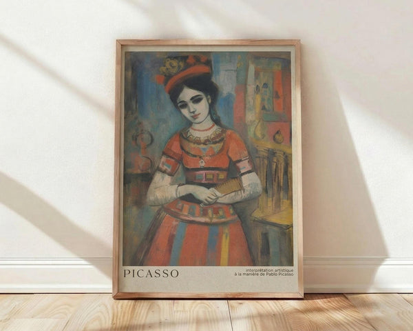 May include: Framed art print featuring a woman in colorful traditional dress with red bodice, striped skirt, and decorative hat, painted in Picasso-inspired cubist style with muted blues and warm oranges. The poster sits against a white wall on light wooden flooring, displayed in a simple wooden frame with natural lighting casting soft shadows.