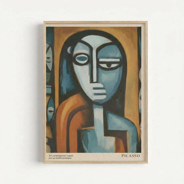 May include: Framed art print in light wood frame mounted on white wall. Cubist-style painting featuring stylized figure with geometric blue and white face, asymmetrical features including one circular eye and one angular eye. Figure wears orange and blue geometric clothing. Warm golden-brown background with additional abstract faces visible on left side. French text at bottom reads "Art contemporain inspiré par un maître artistique" with "PICASSO" attribution.