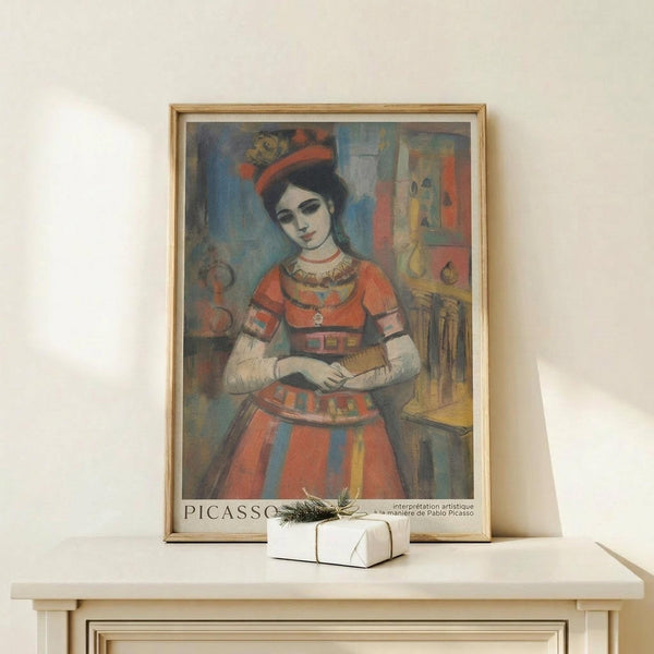 May include: Framed art print displaying a woman in traditional folk costume with orange and red striped dress, decorative hat, and ornate details, painted in cubist style with muted colors. Print shows "PICASSO" text at bottom. Wooden frame sits on light wood surface next to small white wrapped gift with green sprig against cream wall.