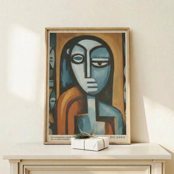 May include: Framed Picasso-style cubist portrait print featuring abstract woman with geometric blue and orange forms, displayed on light wood console table beside small wrapped gift with twine, against cream wall in minimalist home setting