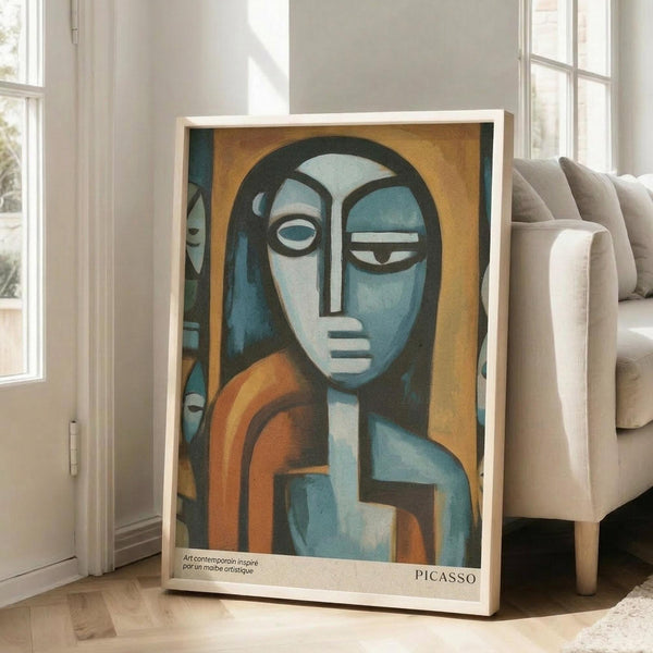 May include: Framed cubist-style portrait poster featuring abstract figure in blue, orange and yellow tones, displayed against white wall corner next to beige sofa in bright living room with large windows and wooden floors