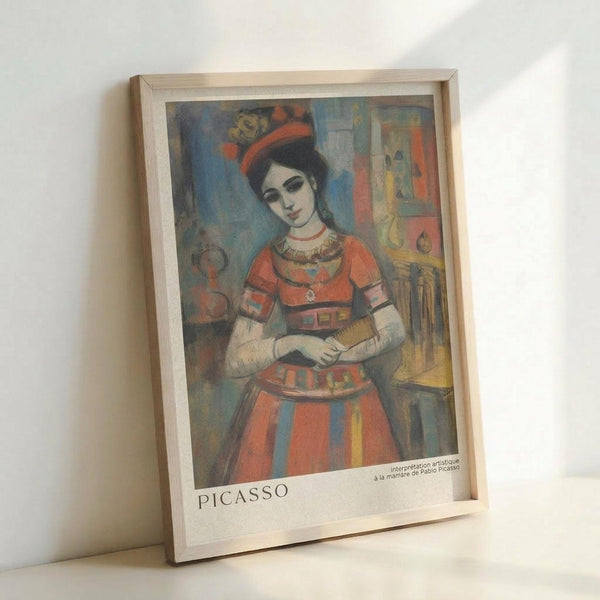 May include: Framed art print in light wood frame leaning against white wall, showing colorful portrait of woman in traditional dress with red and blue striped outfit, ornate headpiece, and folk costume details painted in cubist-inspired style with muted blues, oranges, and earth tones in background