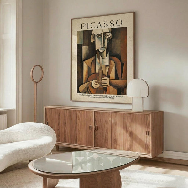 May include: Picasso cubist artwork poster displayed above a wooden mid-century modern credenza in a minimalist living room. The beige and brown toned print shows an angular, geometric figure holding an instrument. White sculptural chair and glass oval coffee table visible in foreground with natural lighting creating shadows across the scene.