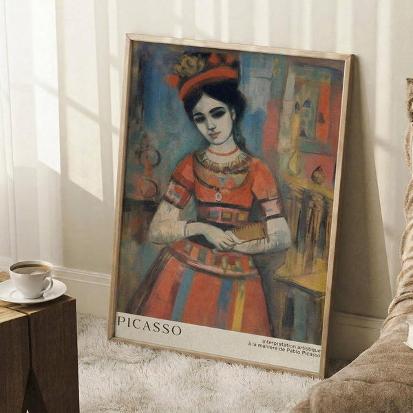 May include: Framed art print leaning against white wall on fluffy white rug, showing colorful portrait of woman in traditional dress with ornate hat. Painting features blues, oranges, and earth tones in cubist style. White coffee cup sits on wooden block nearby, soft natural lighting creates window shadows on wall.