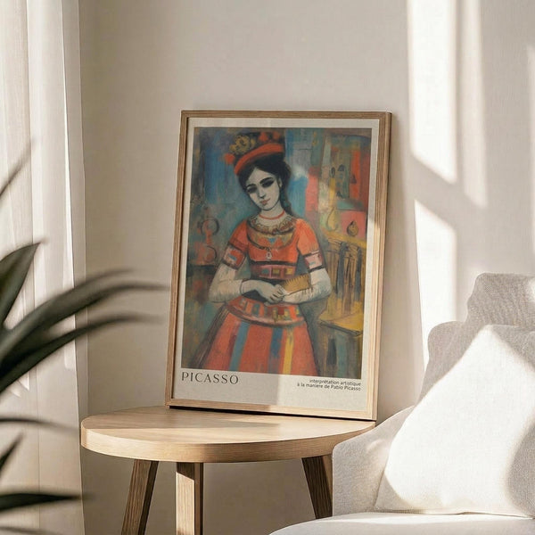 May include: Framed art print displaying a woman in colorful traditional dress with red hat, painted in cubist style with blues, oranges, and yellows. Print shows "PICASSO" text at bottom. Golden wooden frame sits on round light wood side table next to beige upholstered chair. Soft natural lighting creates shadows on white wall, with green plant leaves visible in corner.