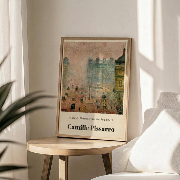 May include: Framed art print displaying an Impressionist street scene with soft pinks, blues and earth tones showing buildings, people and carriages in foggy atmosphere. Print sits on light wood round side table next to beige upholstered chair with plant leaves visible, in bright naturally-lit room with white walls.
