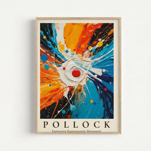 May include: A framed abstract expressionist art print mounted on a white wall. The artwork features dynamic paint splatters and brushstrokes radiating outward from a central red circle, with vibrant orange, blue, black and white colors creating an explosive, energetic composition. Below the image is black text reading "POLLOCK" and "Expressive Expressionist Movement." The print is displayed in a light wood frame.