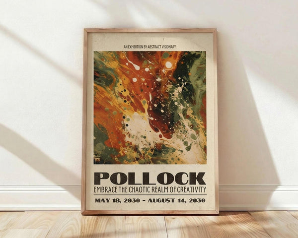 May include: Framed abstract art poster featuring vibrant swirling paint in orange, green, black and white with scattered dots and splatters, displayed against white wall on light wooden floor. Natural lighting creates soft shadows across the cream-colored poster with bold "POLLOCK" text and exhibition-style layout in light wood frame.