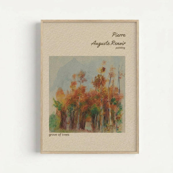 Framed art print showing an impressionistic painting of autumn trees with orange, red, and green foliage against a pale blue sky. The artwork features loose, expressive brushstrokes typical of Impressionist style. Displayed in a light wood frame with cream matting that includes text identifying the artist and artwork title. The frame casts a subtle shadow against a white wall background.