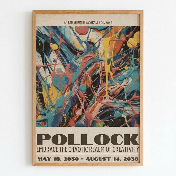 May include: Framed exhibition poster in light wood frame hanging on white wall. Features abstract artwork with dynamic swirls of blue, yellow, orange, and red paint with flowing lines and organic shapes. Vintage-style typography reads "POLLOCK" and "EMBRACE THE CHAOTIC REALM OF CREATIVITY" with exhibition dates. Cream colored paper background with museum poster aesthetic.