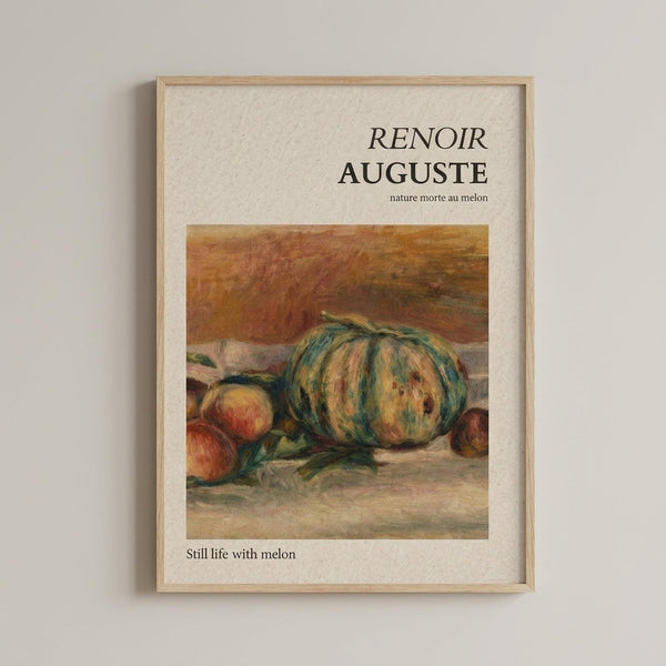 May include: Framed art print featuring Renoir's impressionist still life painting of a striped green and yellow melon with peaches arranged on a table, displayed on a light gray wall. The print has cream matting, light wood frame, and shows warm earth tones with the artist's name and artwork title in elegant black text above and below the image.