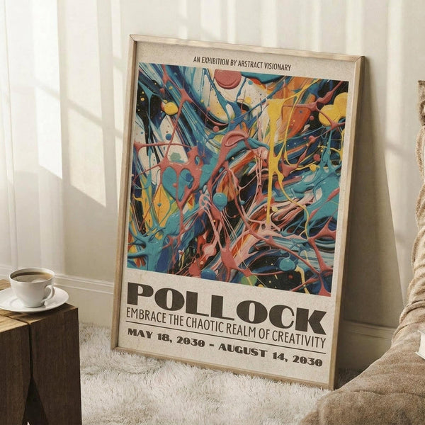 May include: Framed abstract art poster with vibrant blue, orange, yellow and pink paint splatters in Jackson Pollock style, leaning against white wall corner on textured cream rug. Text reads "POLLOCK EMBRACE THE CHAOTIC REALM OF CREATIVITY" with exhibition dates. Coffee cup on wooden block nearby, soft natural lighting creates shadows across the scene.