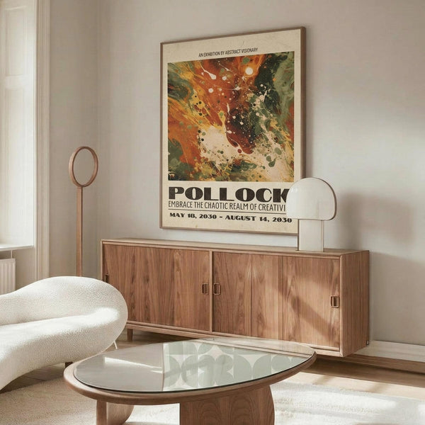 May include: Abstract art poster with swirling orange, green, and cream paint splatters in wooden frame, displayed above mid-century walnut credenza in modern living room with white curved chair, glass oval coffee table, and minimalist decor