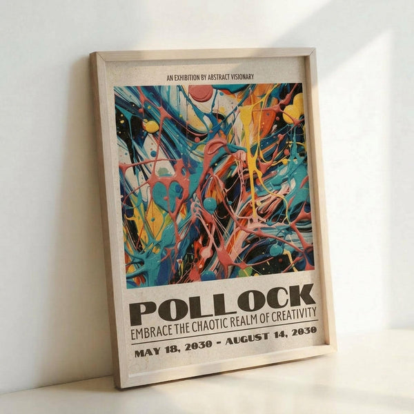 May include: Framed abstract art poster with vibrant swirling paint strokes in teal, coral, yellow and black, featuring exhibition-style text reading "POLLOCK" and "EMBRACE THE CHAOTIC REALM OF CREATIVITY" with May-August 2030 dates. Light wood frame leaning against white wall on light surface, showing texture of paper print and natural lighting creating soft shadows.