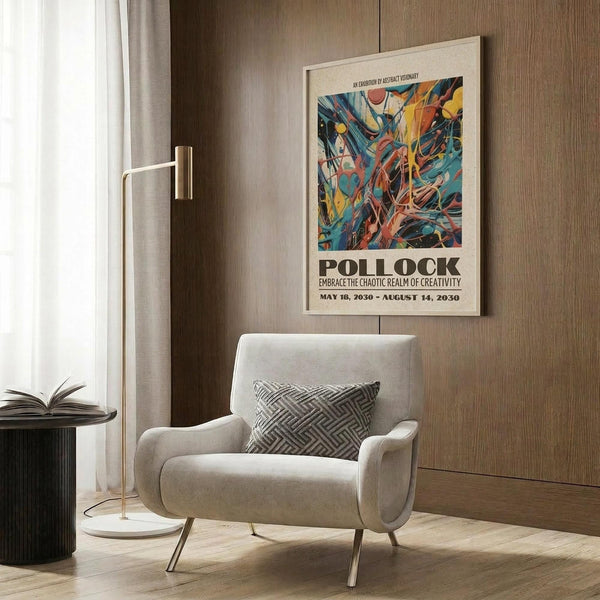 May include: Abstract expressionist poster displayed in modern living room setting with beige armchair, geometric patterned pillow, brass floor lamp, and dark wood paneled wall. Colorful artwork features vibrant blues, oranges, yellows and reds in dynamic swirling composition with exhibition-style text below reading "POLLOCK - EMBRACE THE CHAOTIC REALM OF CREATIVITY" and dates "MAY 18, 2030 - AUGUST 14, 2030". Room has warm neutral tones with contemporary furniture.