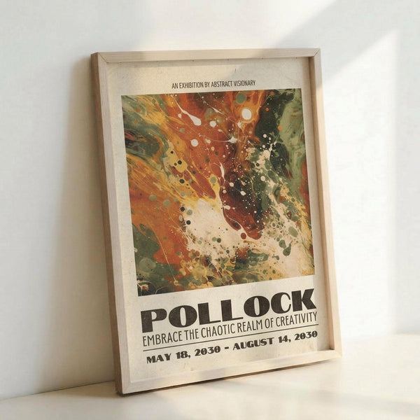 May include: Framed abstract art poster displayed against white wall. Features vibrant fluid paint design with swirling orange, red, yellow and green colors plus white paint splatters. Bold black text reads "POLLOCK" and "EMBRACE THE CHAOTIC REALM OF CREATIVITY" with exhibition dates. Light wood frame sits on white surface casting subtle shadow.