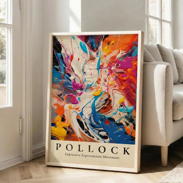 May include: Vibrant abstract art poster in light wooden frame leaning against white wall next to beige upholstered sofa. Artwork features explosive swirls of orange, blue, pink, yellow and white paint in dynamic flowing patterns. Text below reads "POLLOCK Expressive Expressionist Movement" on cream background. Bright natural light streams through tall windows creating soft shadows on hardwood floor.