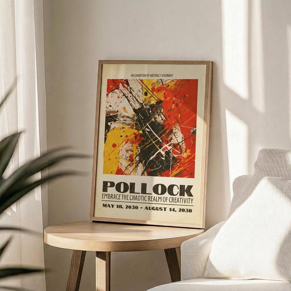 May include: Abstract expressionist art poster in wooden frame displayed on round wooden side table next to beige upholstered chair. Poster features bold splashes of red, yellow, black and white paint with dynamic brushstrokes and splatters. Exhibition-style design with "POLLOCK" text and dates "MAY 18, 2030 - AUGUST 14, 2030" below colorful abstract artwork. Soft natural lighting creates shadows on cream wall behind, with green plant leaves visible at left edge.