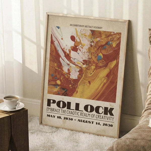 May include: Framed abstract art exhibition poster with swirling paint in warm oranges, reds, and yellows against cream background, leaning against white wall on textured cream rug. Coffee cup on wooden block beside poster. Natural window light creates soft shadows across the cozy interior scene.