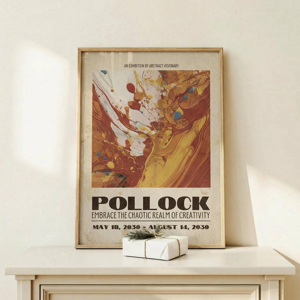 May include: Framed art poster displaying abstract paint swirls in warm browns, yellows and white with exhibition text below. Poster has cream-colored matting in natural wood frame, positioned on light wooden surface next to small white wrapped gift with twine and greenery sprig. Soft natural lighting against neutral beige wall.