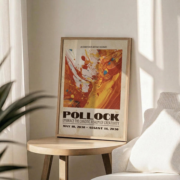 May include: Abstract art exhibition poster in thin wooden frame displayed on round wooden side table next to beige upholstered chair. Poster features vibrant orange, red, and yellow paint splatters with blue accents on cream background, advertising Pollock exhibition from May to August 2030. Soft natural lighting creates shadows across white wall, with green plant leaves visible in corner.