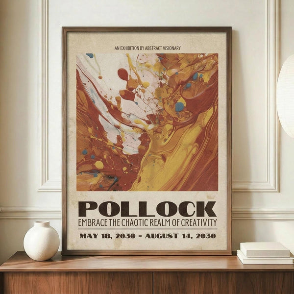 May include: Framed exhibition poster featuring abstract paint swirls in warm oranges, browns, yellows and white with scattered blue dots, displayed on wooden credenza beside white ceramic vase and stacked books against cream paneled wall