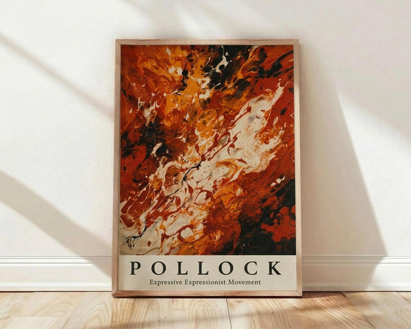 May include: Abstract expressionist art poster with swirling orange, red, white and black paint strokes in energetic fluid motion, displayed in thin wooden frame leaning against white textured wall on light wood floor with soft natural lighting creating diagonal shadows