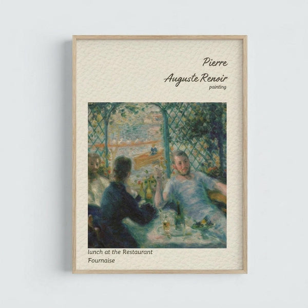 May include: Framed art print hanging on white wall showing Renoir's Impressionist painting of people dining at an outdoor restaurant. The artwork depicts figures in soft blues and greens seated at a table under latticed greenery. Light wood frame with cream matting displays the classic French scene with loose, painterly brushstrokes characteristic of the Impressionist style.