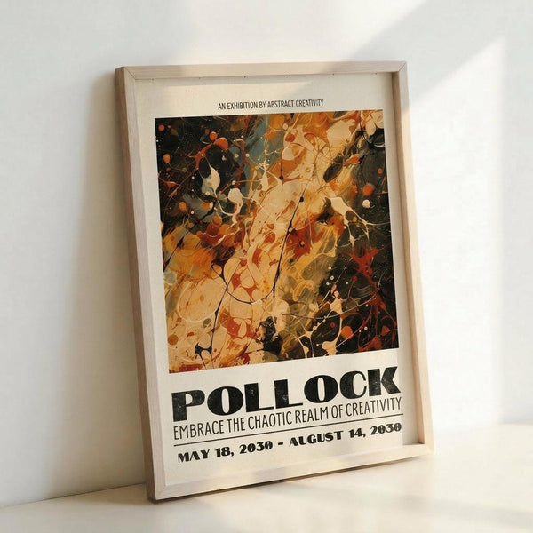 May include: Framed abstract art poster in light wood frame leaning against white wall on white surface. The artwork features dynamic paint splatters and drips in warm oranges, yellows, reds, and deep blacks with white accents, creating an energetic Jackson Pollock-inspired composition. Bold black text below reads "POLLOCK" with subtitle "EMBRACE THE CHAOTIC REALM OF CREATIVITY" and exhibition dates "MAY 18, 2030 - AUGUST 14, 2030".