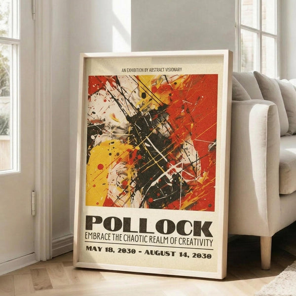 May include: Framed exhibition poster featuring abstract expressionist artwork with bold red, yellow, black and white paint splatters and dynamic brushstrokes. The vintage-style poster displays "POLLOCK" in large black letters with exhibition details below. Shown leaning against white wall beside beige upholstered sofa in bright living room with hardwood floors and large windows.