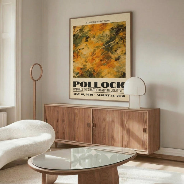 May include: Framed exhibition poster featuring abstract expressionist artwork in warm orange, yellow and green tones with "POLLOCK" text, displayed above wooden sideboard in modern living room with white curved chair, glass coffee table, and floor lamp