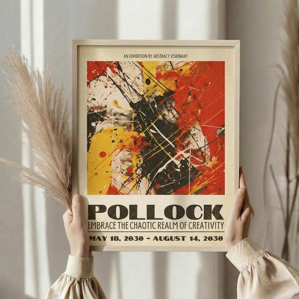 May include: Person in cream sweater holding framed abstract art poster featuring bold red, yellow, black and white paint splatters and dynamic brushstrokes. Wooden frame against neutral wall with dried pampas grass visible to left. Exhibition-style poster design with "POLLOCK" text and dates below colorful chaotic artwork.