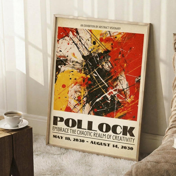 May include: Abstract expressionist style poster in light wooden frame leaning against white wall corner. Features dynamic splashes and drips in red, yellow, black and white paint with bold brushstrokes and splatters. Exhibition-style design with "POLLOCK" and "EMBRACE THE CHAOTIC REALM OF CREATIVITY" text at bottom. Scene shows cozy room setting with white coffee cup on wooden block side table and cream knit throw blanket on white textured rug.