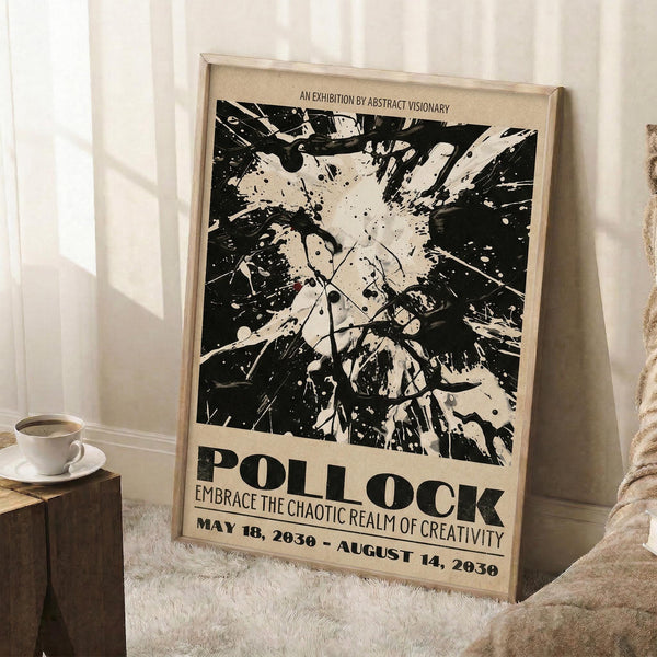 May include: A framed abstract art poster with black paint splatters and drips on cream background, leaning against white wall corner. Features bold "POLLOCK" text and exhibition details dated 2030. Shown with small wooden side table holding white coffee cup and saucer, positioned on white fluffy rug next to beige textured chair or sofa.