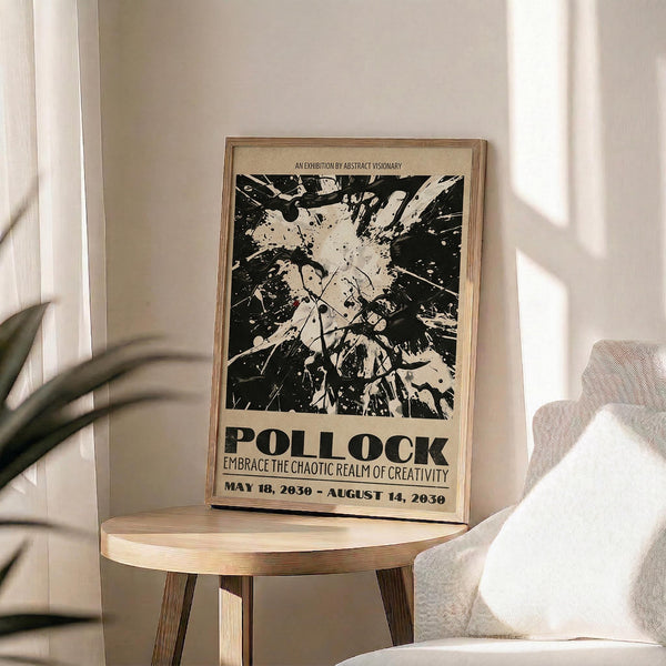 May include: Framed exhibition poster featuring black and white abstract splatter artwork in Jackson Pollock style, displayed on round wooden stool next to beige upholstered chair. Natural sunlight streams through white curtains creating soft shadows. Green plant leaves visible in corner. Poster has cream background with bold black text reading "POLLOCK" and exhibition details dated 2030.