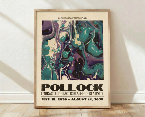May include: Framed abstract art poster with swirling marbled patterns in teal, purple, cream and black colors, displayed against white wall on wooden floor. Features fluid, organic shapes resembling paint pour or liquid marble technique. Light wood frame surrounds cream-colored mat. Natural shadows cast across wall and floor from window light.
