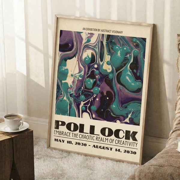 May include: Abstract art poster in light wood frame leaning against white wall corner. Features fluid marbled design with swirling teal, purple, cream and black colors resembling paint pour technique. Exhibition-style layout with large title text below artwork. Small wooden side table with white coffee cup visible. Soft natural lighting creates shadows on textured white rug beneath frame.