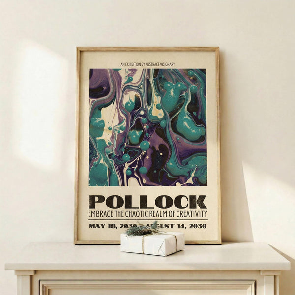 May include: Framed abstract art poster with swirling teal, purple, and cream marbled patterns displayed on light wooden shelf against white wall. Features bold "POLLOCK" text and exhibition-style layout with dates. Small wrapped gift box with greenery sits beside the natural wood frame.