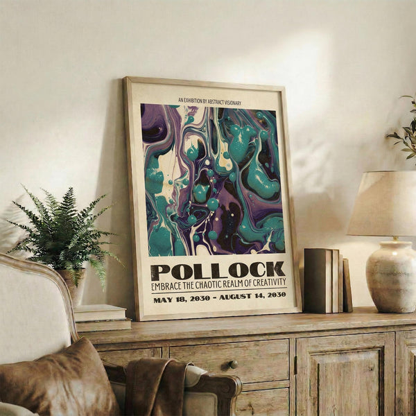 May include: Abstract art poster with swirling teal, purple, and cream marbled patterns in light wood frame, displayed on rustic wooden sideboard alongside books, ceramic vase, and fern plant in cozy living room setting with beige armchair and neutral walls.