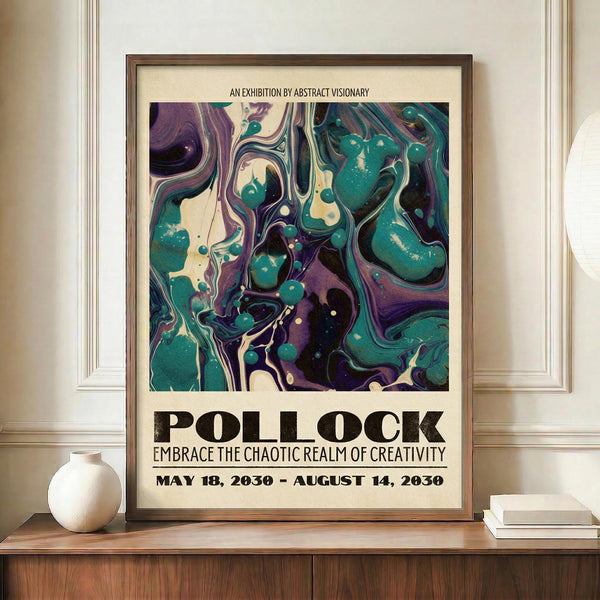 May include: Framed abstract art poster displayed on wooden sideboard next to white ceramic vase and stacked books. The artwork features swirling marbled patterns in teal, purple, and cream colors with fluid, organic shapes. Poster has cream matting and dark wood frame, shown against pale wall with white trim molding in elegant interior setting.