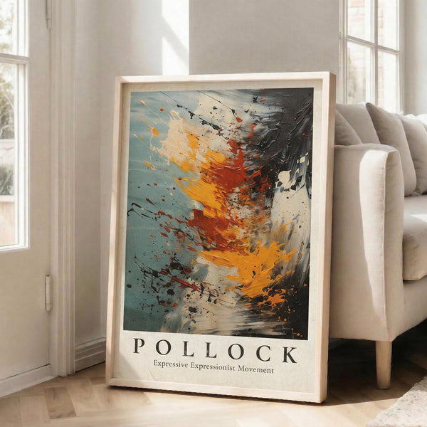 May include: Large framed abstract art poster leaning against white wall beside beige sofa in bright living room. Artwork features dynamic paint splashes and drips in orange, red, black, and teal blue with "POLLOCK" and "Expressive Expressionist Movement" text below. Natural wood frame, hardwood floors, tall windows with natural sunlight streaming in.