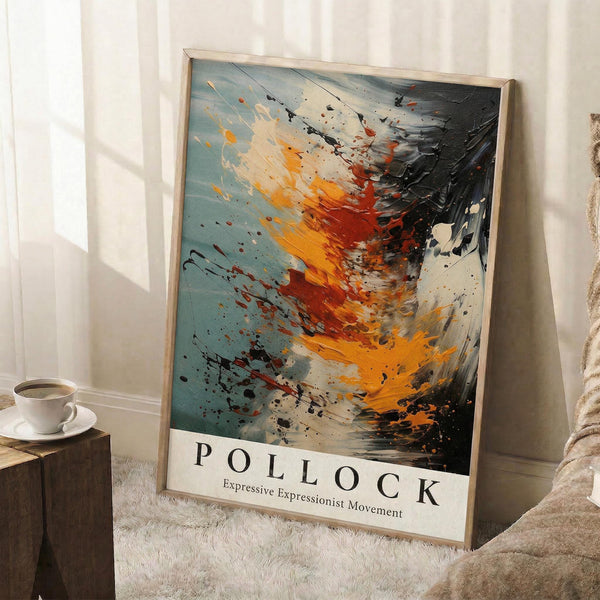 May include: Abstract expressionist art print with dynamic paint splatters and brushstrokes in orange, red, black, and blue against light blue background, displayed in light wood frame leaning against white wall next to white coffee cup on wooden stool and beige textured rug
