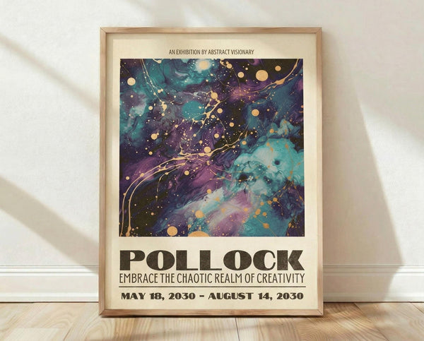 May include: Framed abstract art poster with swirling cosmic design in deep purples, teals, and gold accents, featuring flowing lines and circular elements resembling a galaxy or nebula. Light wooden frame against white textured wall on wooden floor with soft natural lighting creating diagonal shadows.